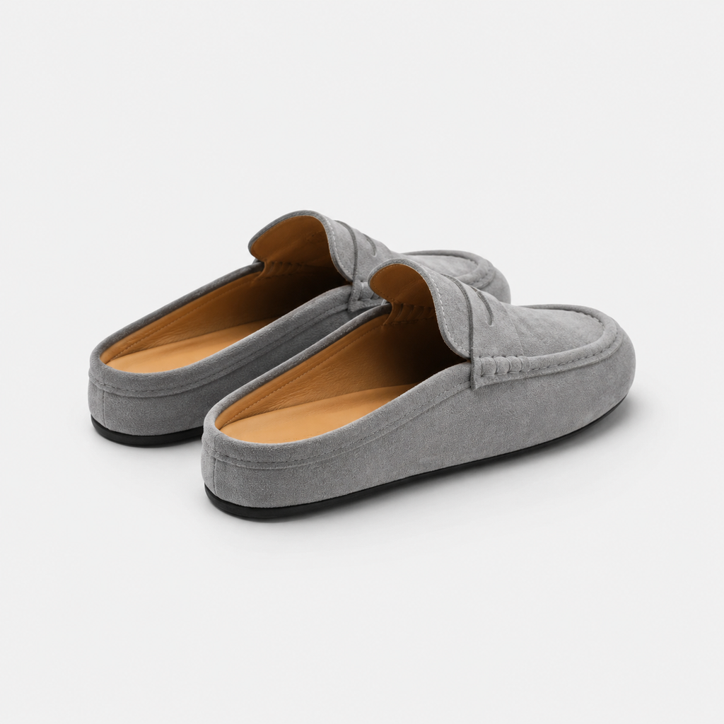 Chausson Mocassin Mule Ouvert en Daim Nubuck Gris | Elia