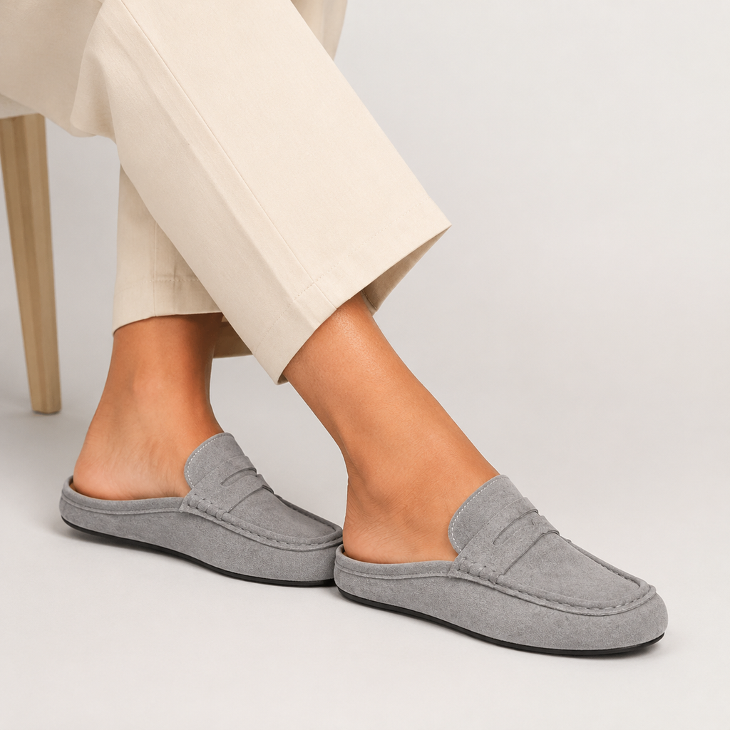Chausson Mocassin Mule Ouvert en Daim Nubuck Gris | Elia