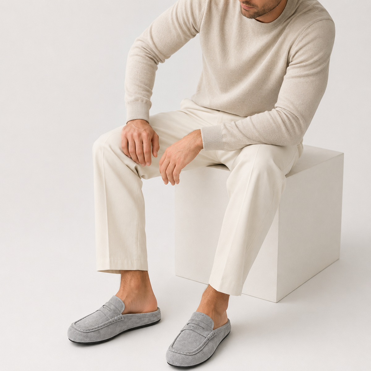 Chausson Mocassin Mule Ouvert en Daim Nubuck Gris | Elia