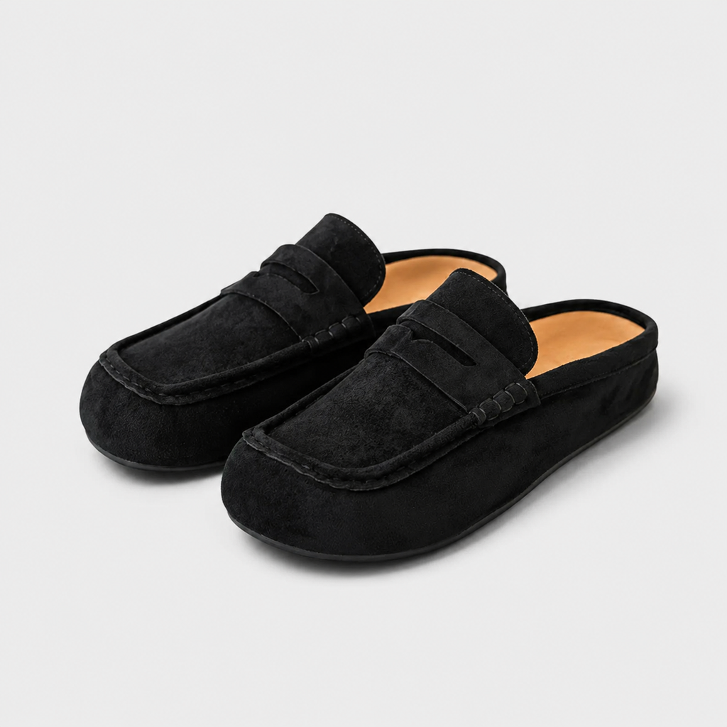 Chausson Mocassin Mule Ouvert Confort en Daim Nubuck Noir | Eden