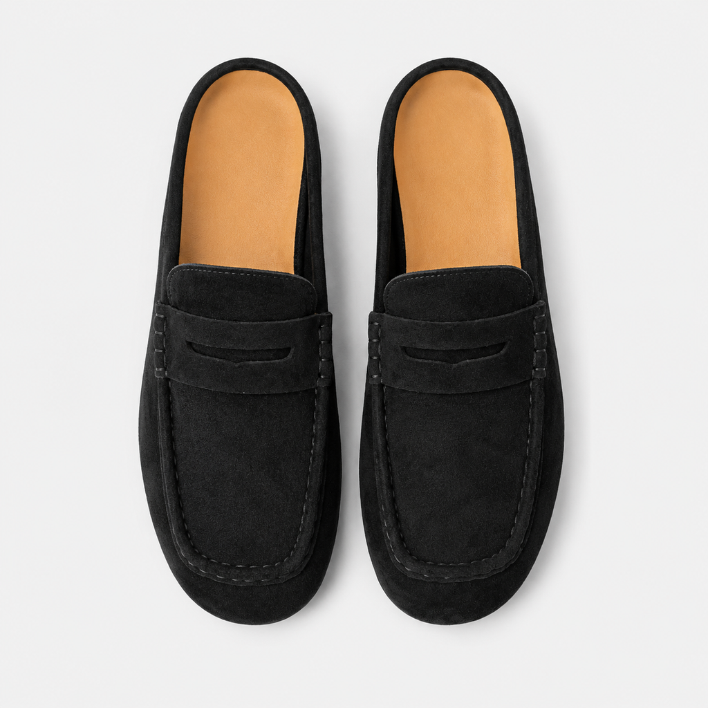 Chausson Mocassin Mule Ouvert Confort en Daim Nubuck Noir | Eden