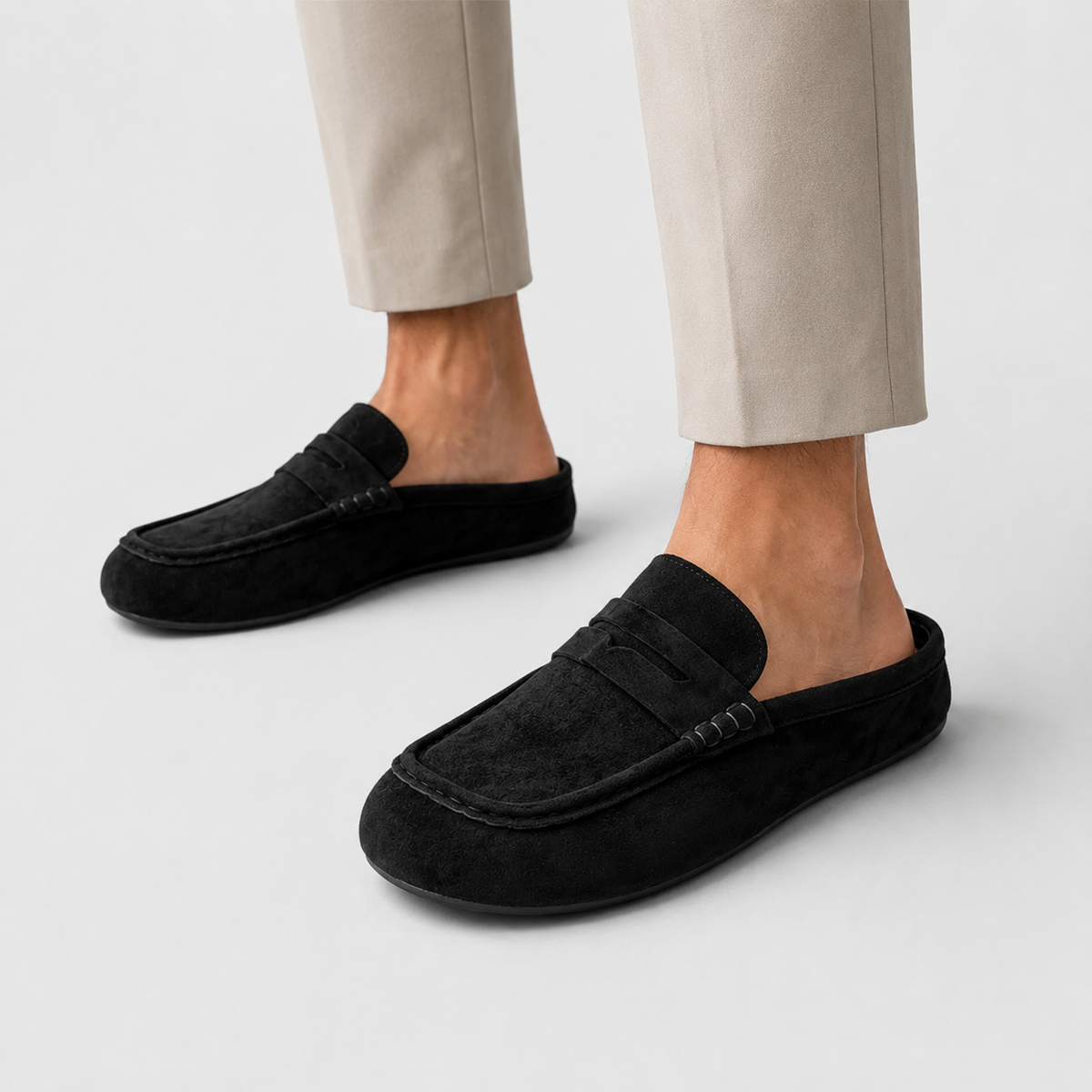 Chausson Mocassin Mule Ouvert Confort en Daim Nubuck Noir | Eden