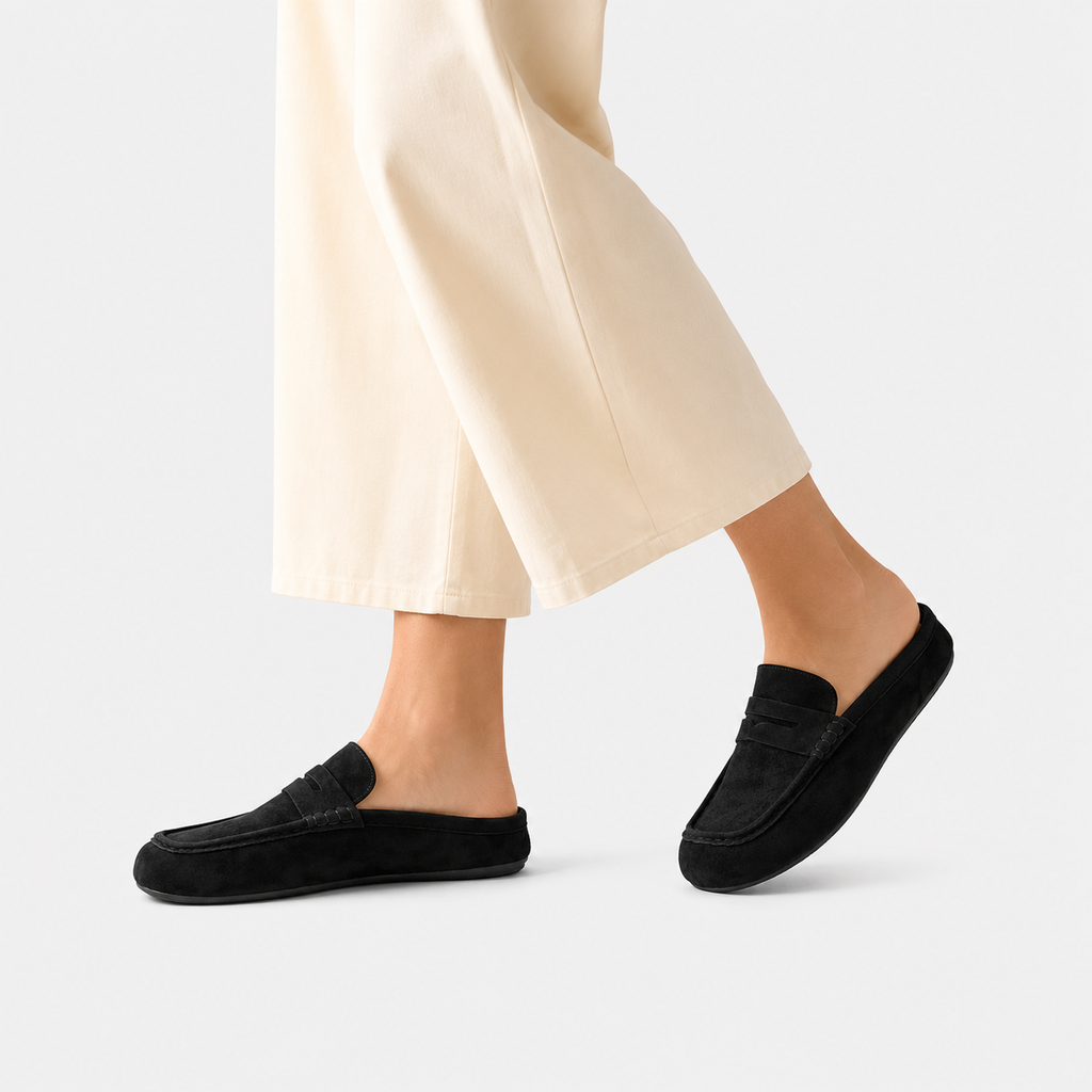 Chausson Mocassin Mule Ouvert Confort en Daim Nubuck Noir | Eden