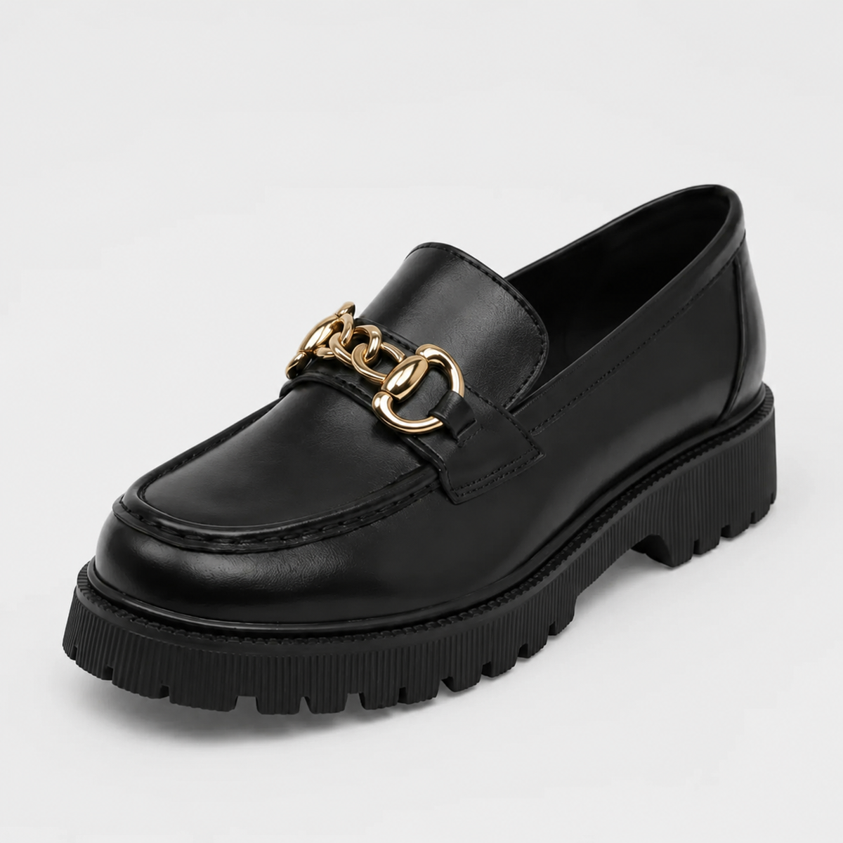Mocassin Plateforme Femme Noir Chaînette Dorée | Gabrielle