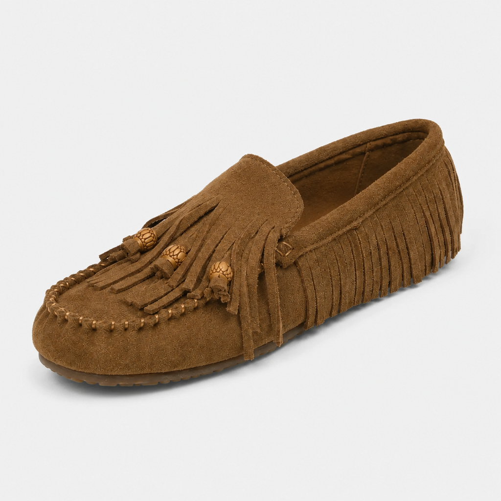 Mocassin Indien en Daim Marron à Frange pour Femme | Lilia