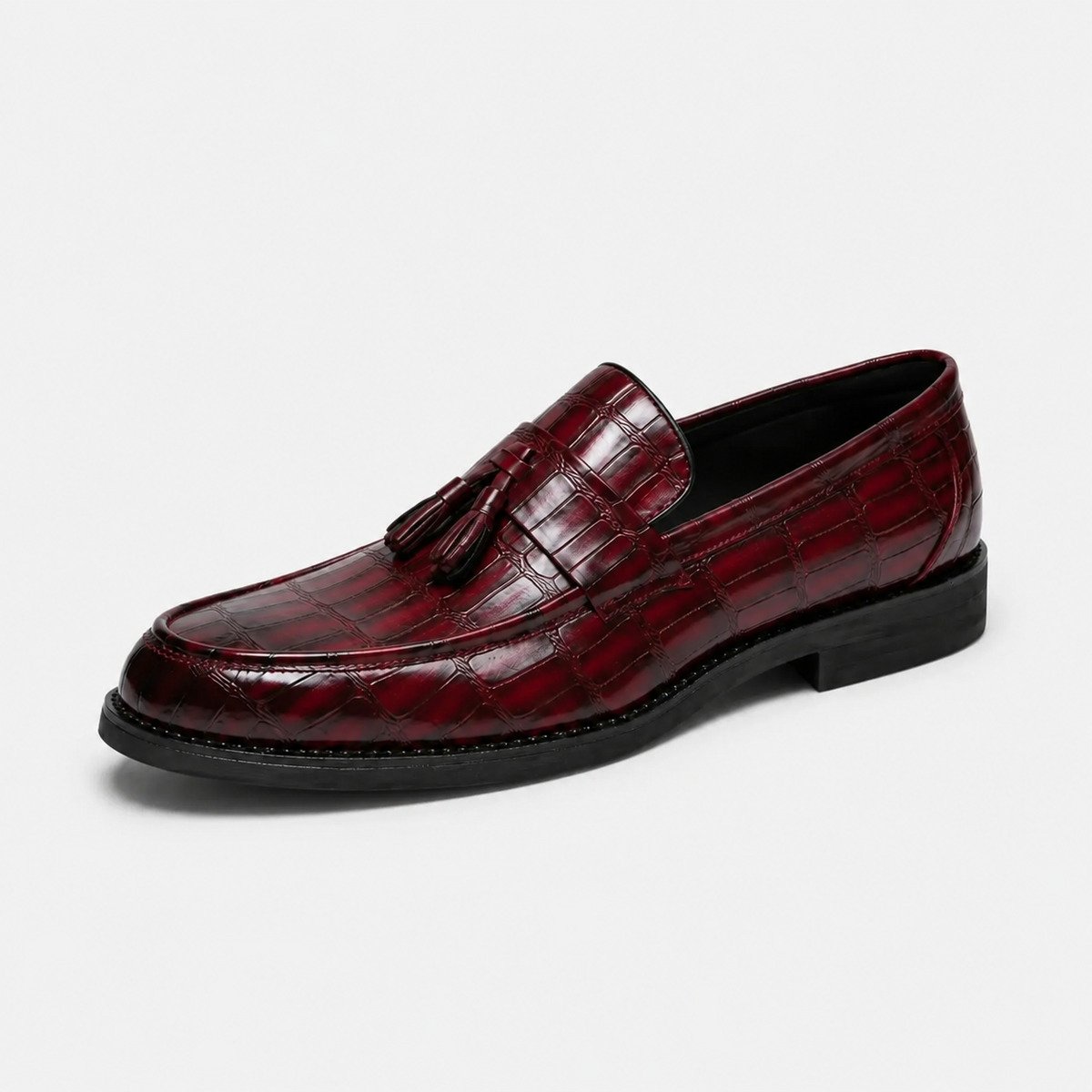 Mocassin Habillé Rouge Bordeaux à Glands Cuir Crocodile Homme | Serge