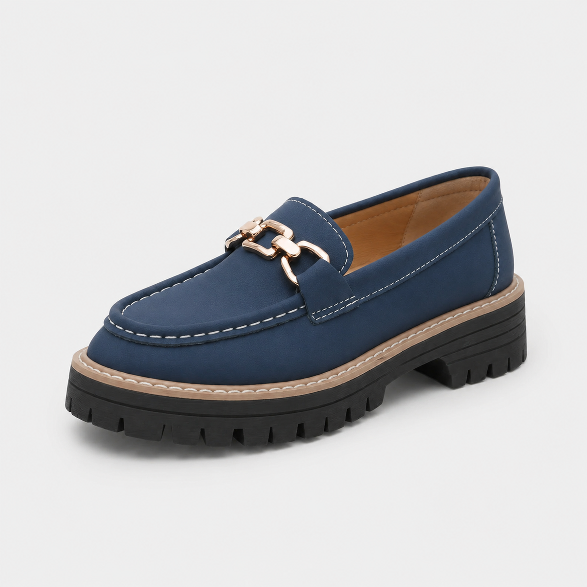 Mocassin en Daim Bleu Marine Chaînette Plateforme pour Femme | Jeanne