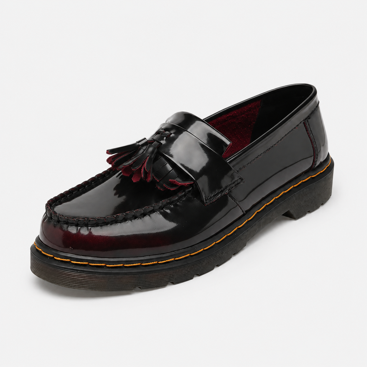 Mocassin en Cuir Vernis Noir et Bordeaux à Glands et Frange | Mireille
