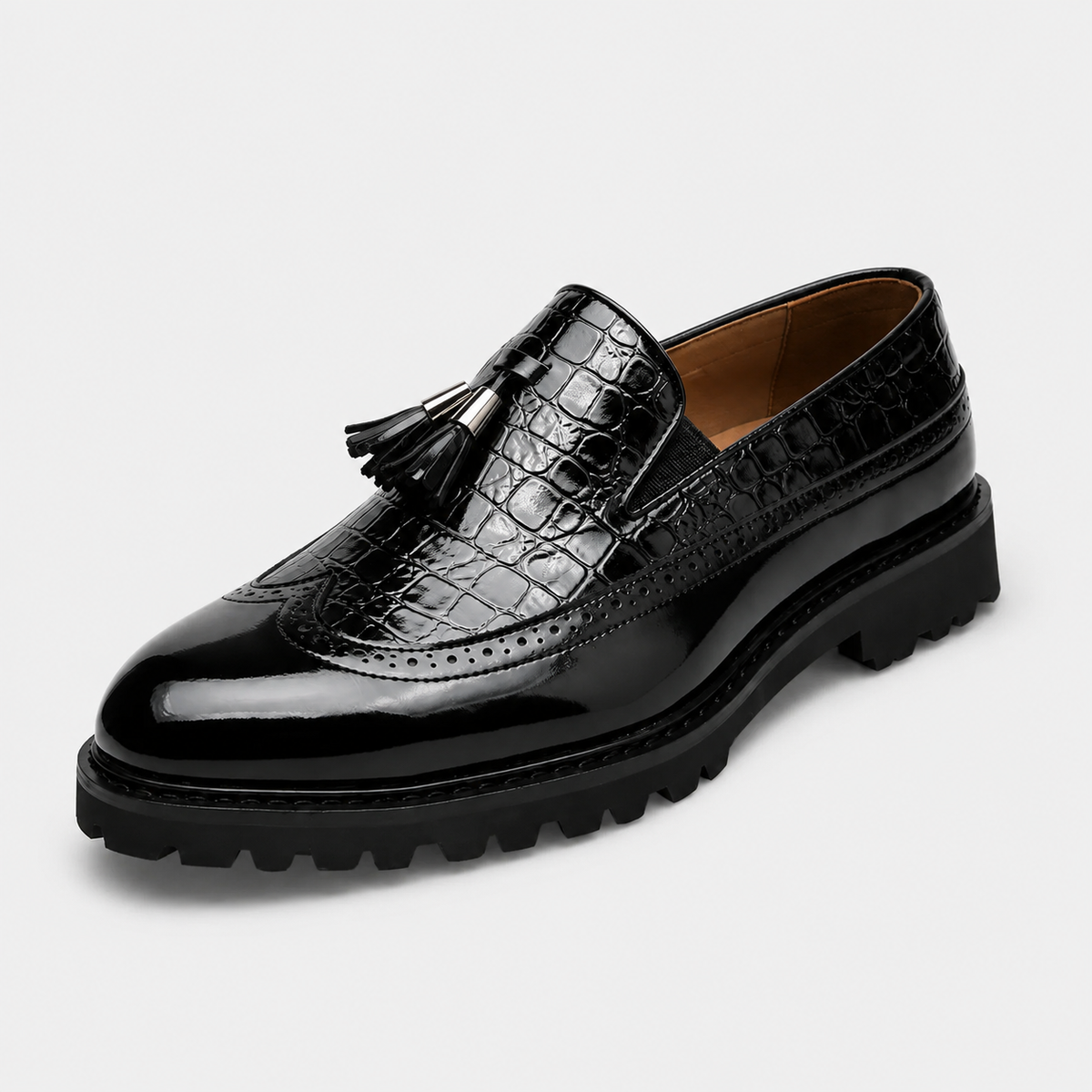 Mocassin en Cuir Noir Vernis à Motifs Compensé pour Homme | Norbert