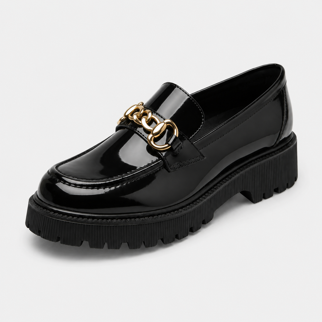 Mocassin en Cuir Noir Plateforme Vernis Brillant Chaînette | Salomé