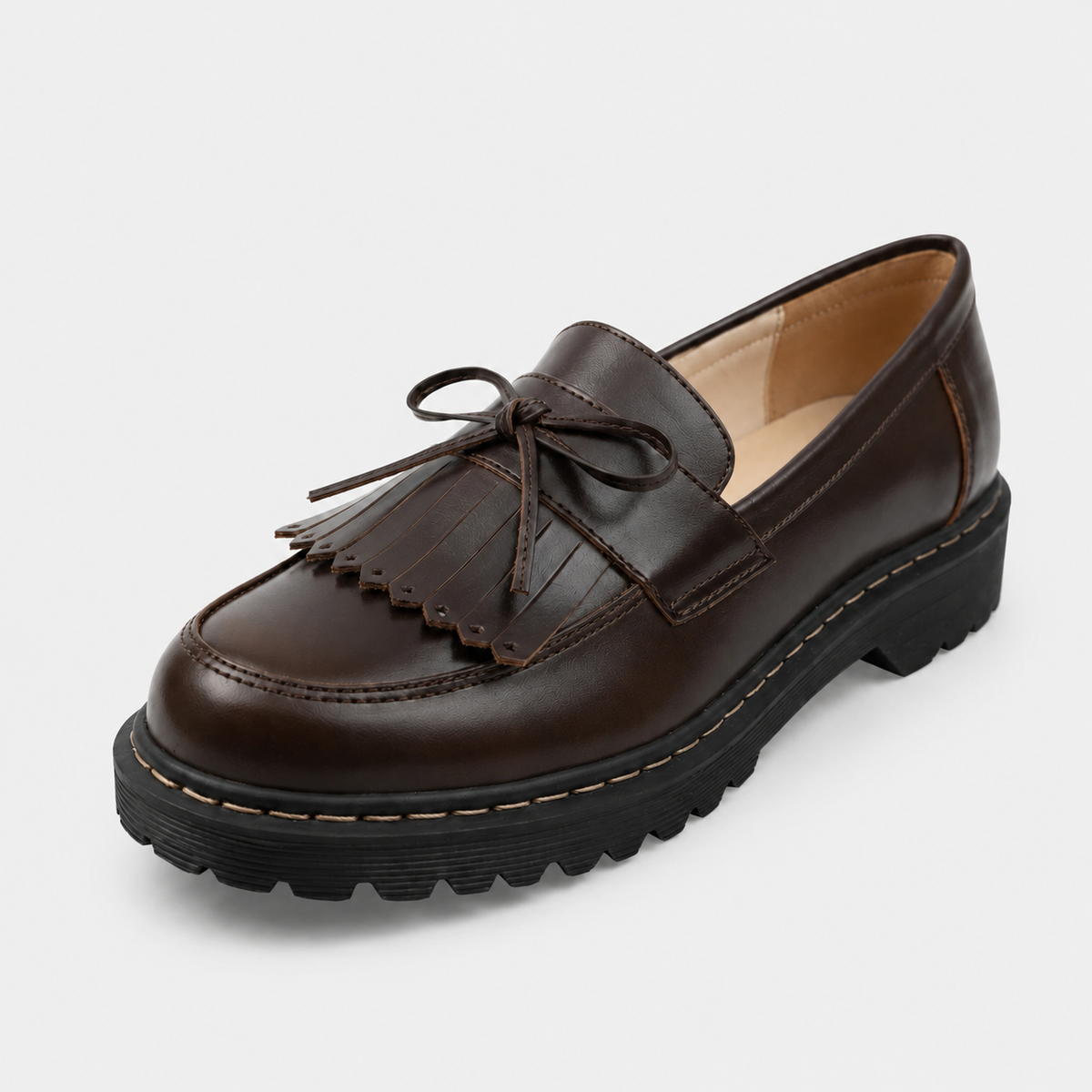 Mocassin en Cuir Marron Foncé Frange et Lacets Nœud Papillon | Elodie