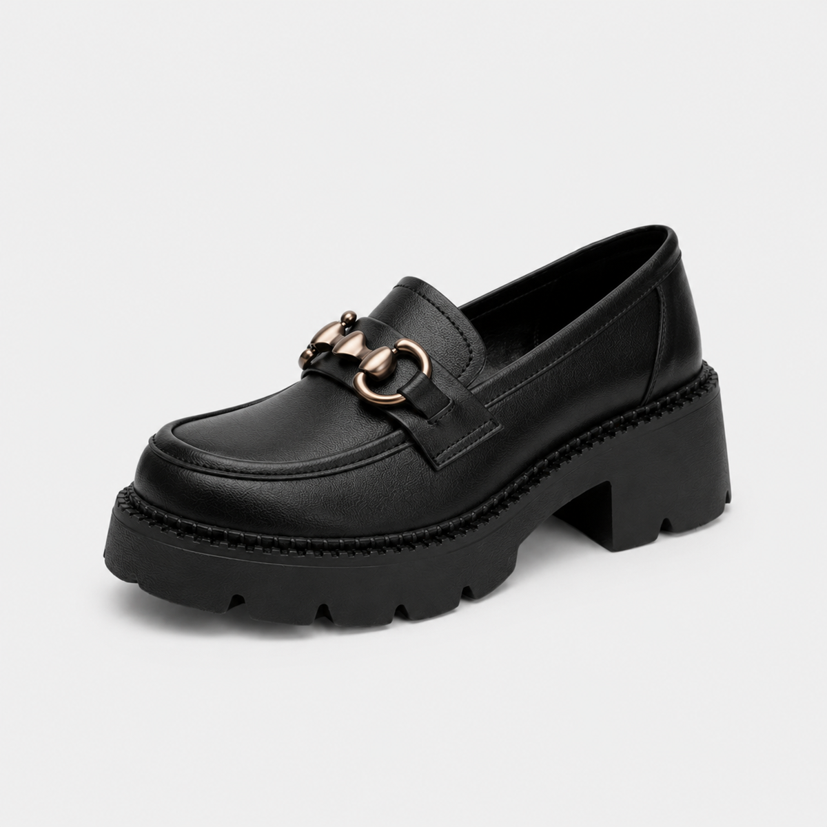 Mocassin Cuir Mat Noir Plateforme Chaînette Argentée Femme | Nastassia