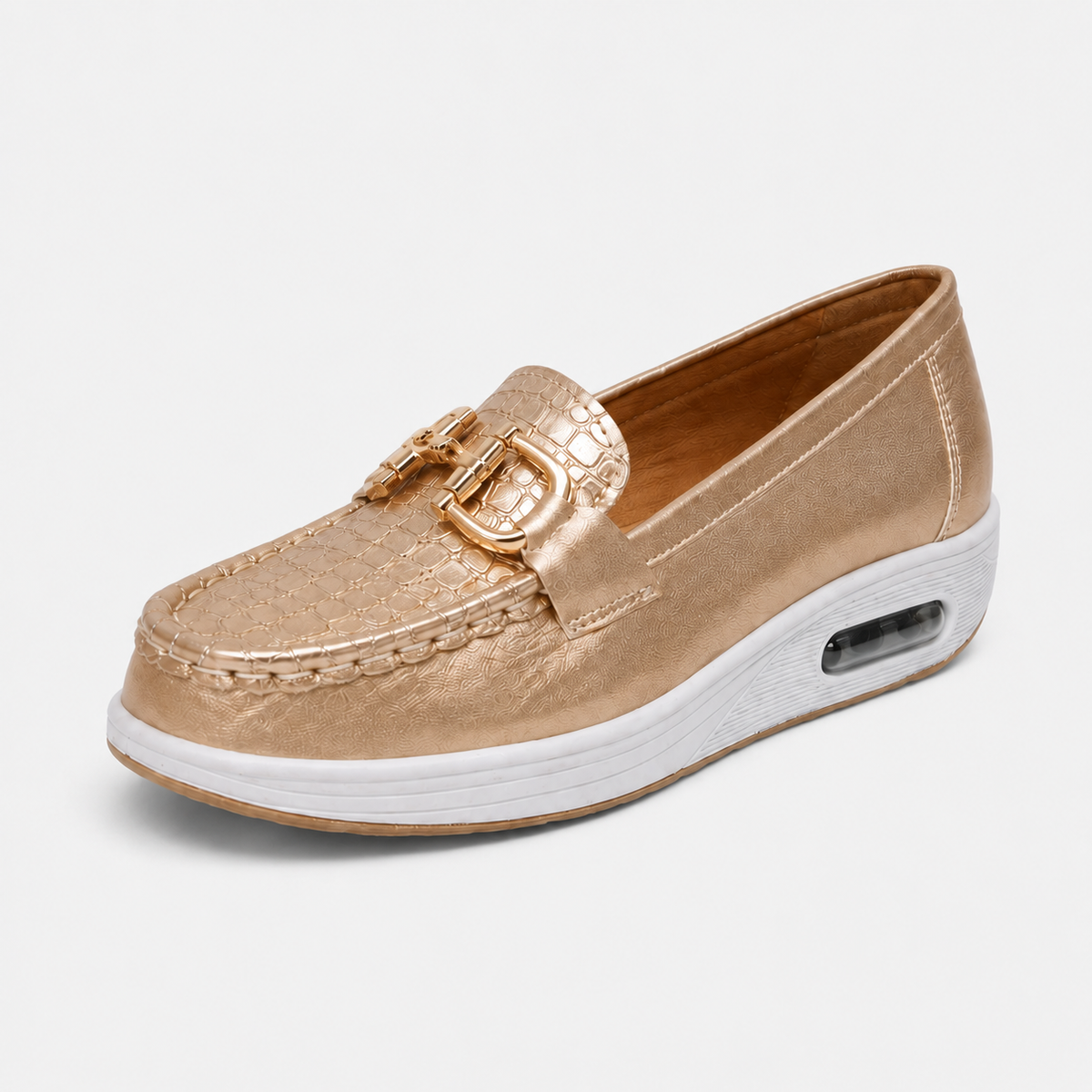 Mocassin Compensé Confort Respirant Mors et Cuir Doré Femme | Romane