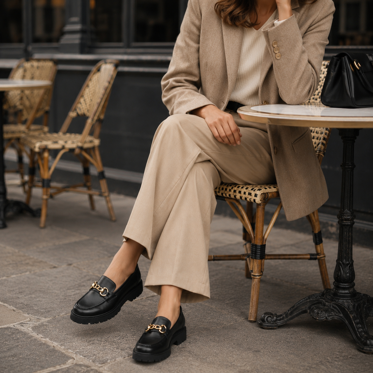Mocassin Plateforme Femme Noir Chaînette Dorée | Gabrielle