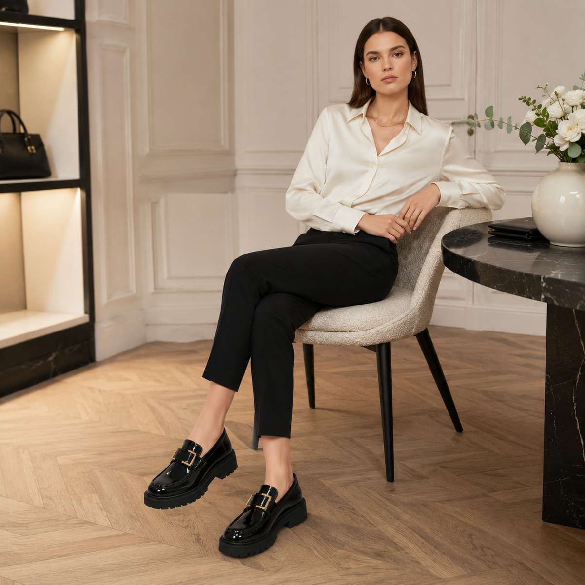 Mocassins Noir Femme Chaînette Dorée | Diane