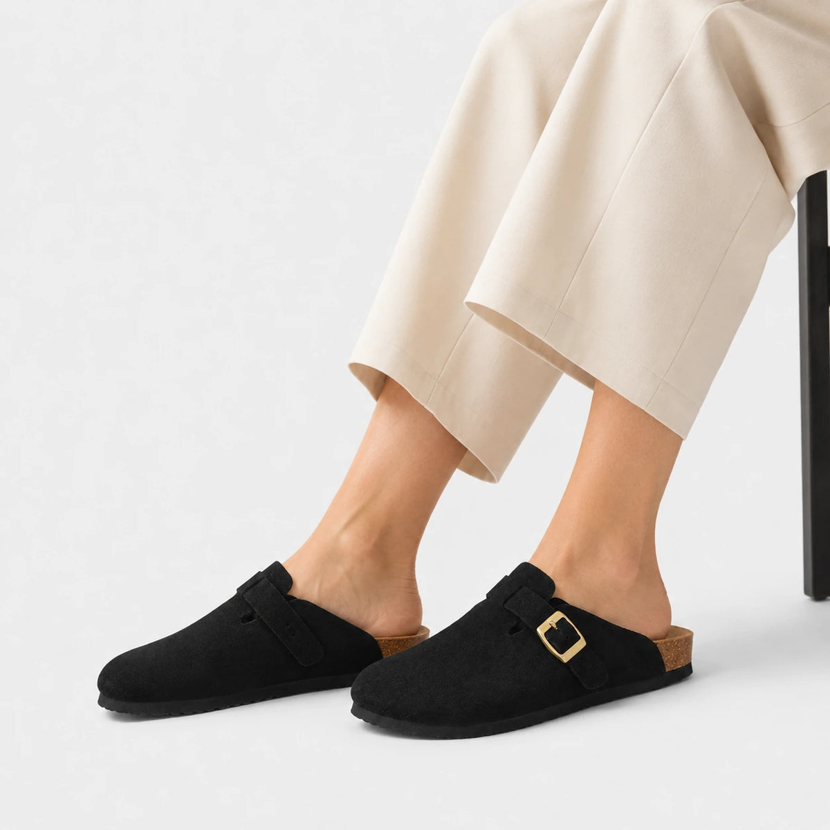 Chausson Mocassin Mule Ouvert Derrière en Daim Suédé Noir | Andrea