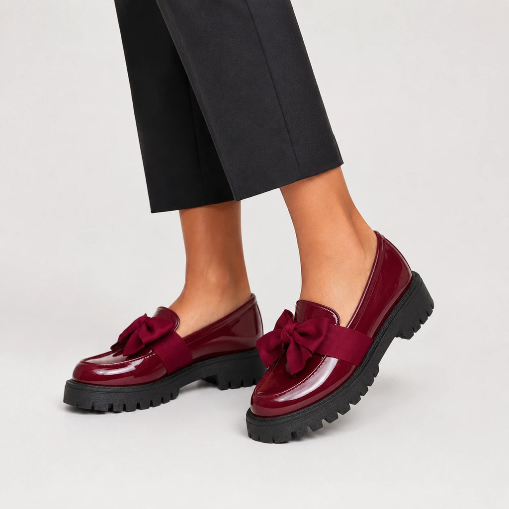 Mocassin Compensé Femme Bordeaux Vernis avec Nœud Papillon | Elina
