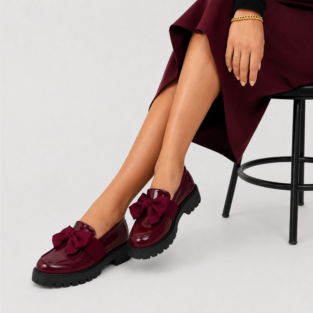 Mocassin Compensé Femme Bordeaux Vernis avec Nœud Papillon | Elina