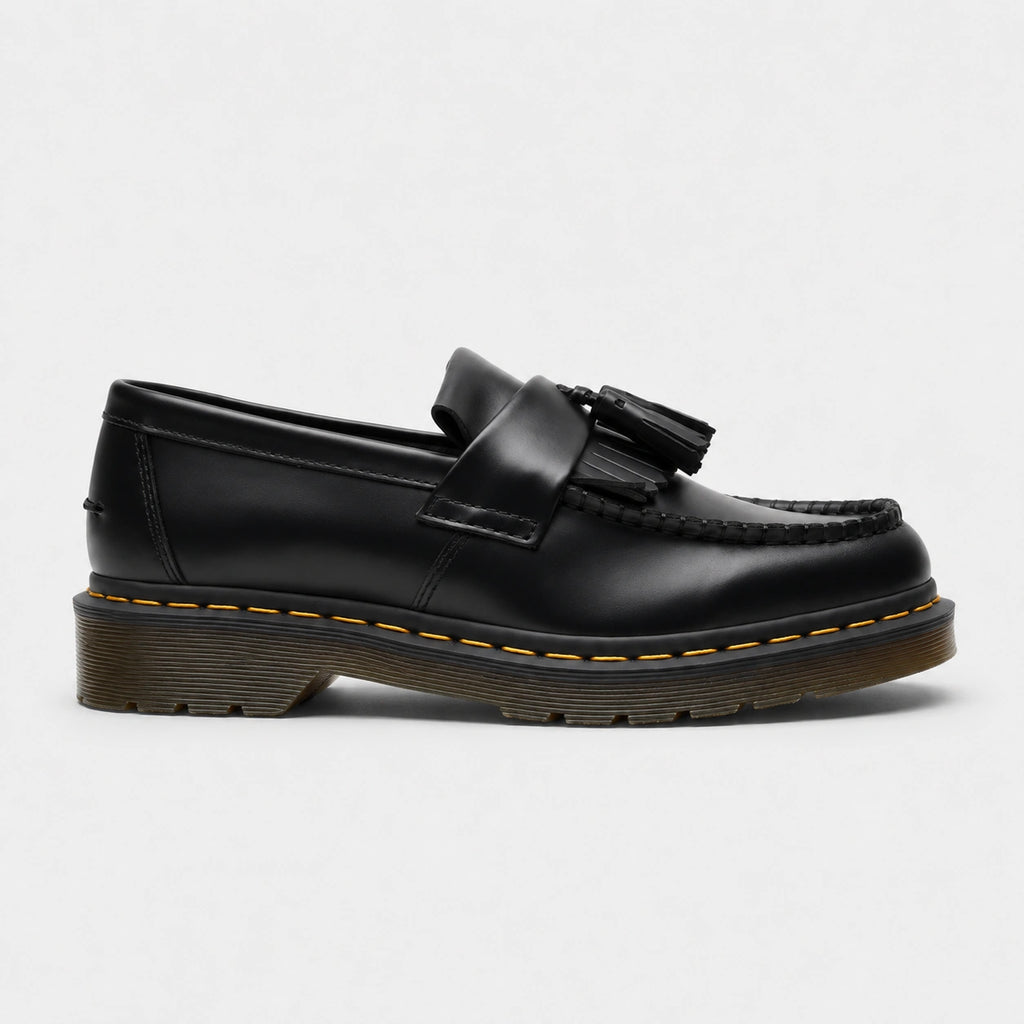 Mocassin en Cuir Noir à Glands et Frange Surpiqure Jaune | Fiona