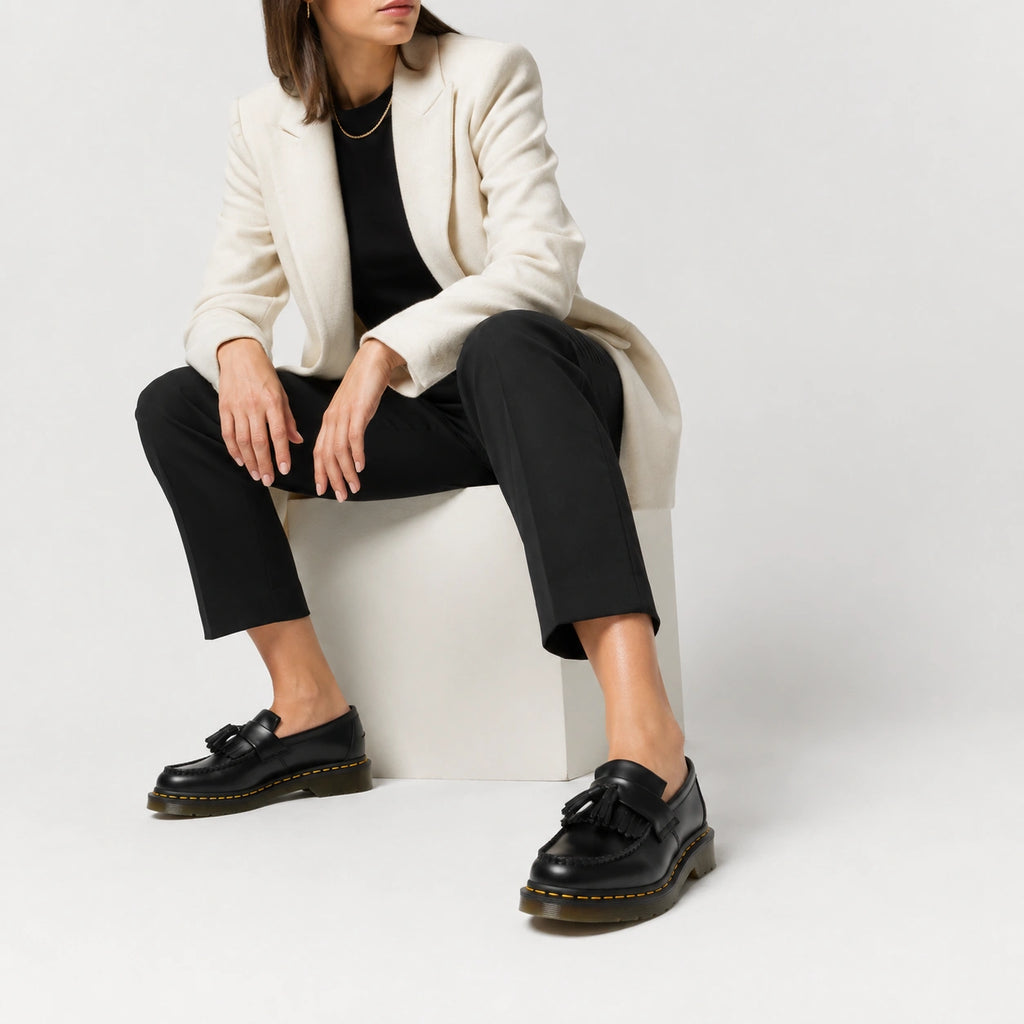 Mocassin en Cuir Noir à Glands et Frange Surpiqure Jaune | Fiona