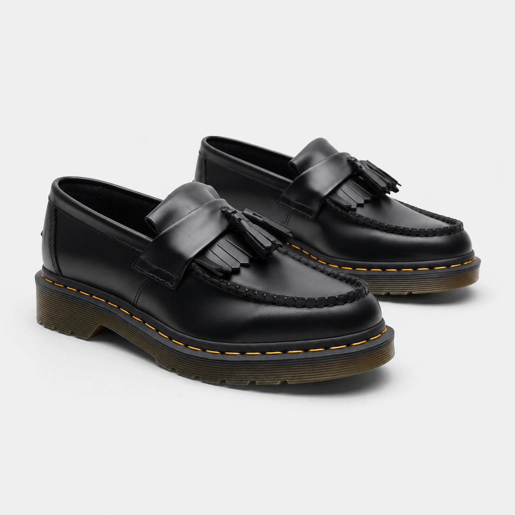 Mocassin en Cuir Noir à Glands et Frange Surpiqure Jaune | Fiona