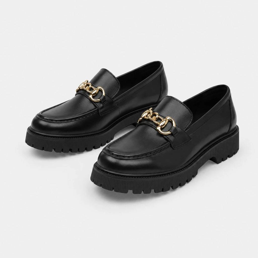 Mocassin Plateforme Femme Noir Chaînette Dorée | Gabrielle