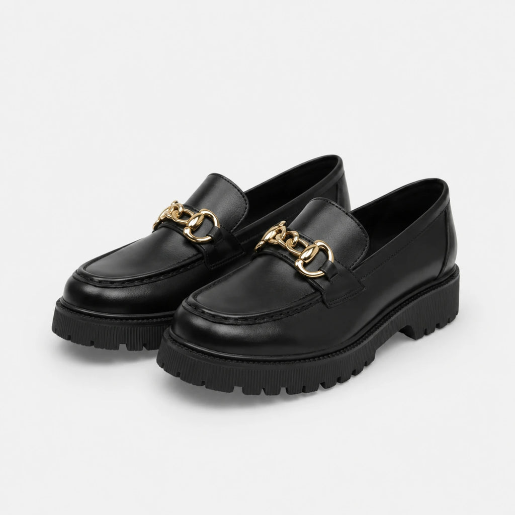 Mocassin Plateforme Femme Noir Chaînette Dorée | Gabrielle