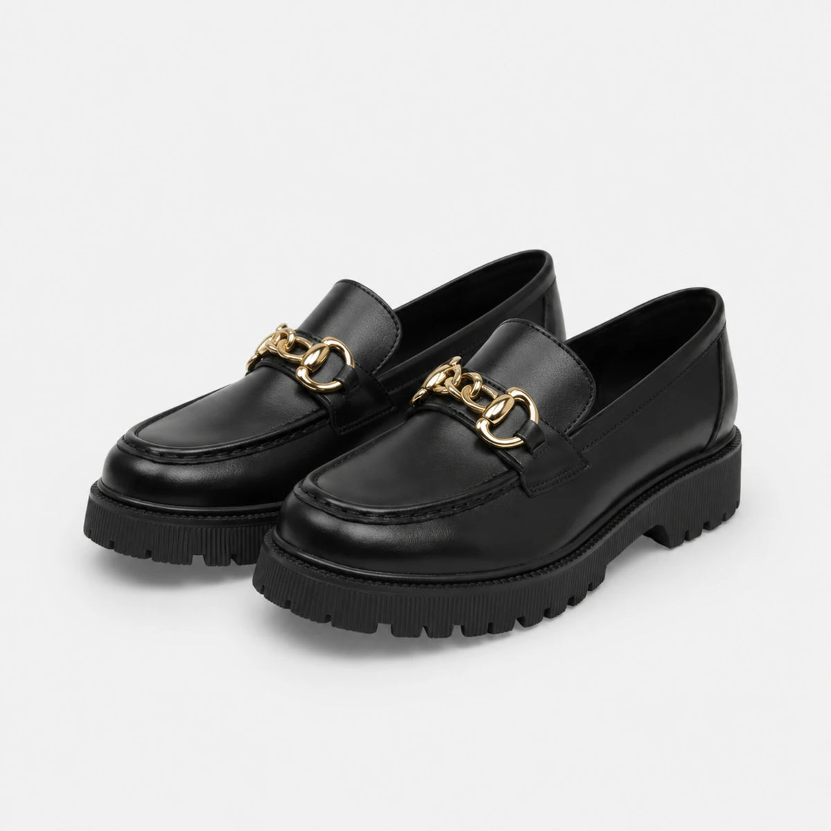 Mocassin Plateforme Femme Noir Chaînette Dorée | Gabrielle