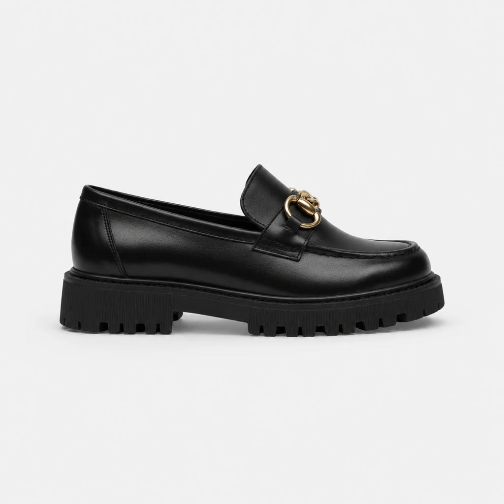 Mocassin Plateforme Femme Noir Chaînette Dorée | Gabrielle