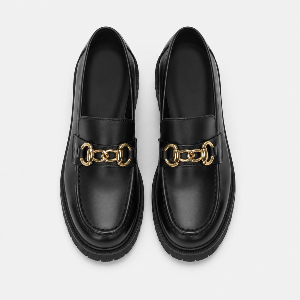 Mocassin Plateforme Femme Noir Chaînette Dorée | Gabrielle