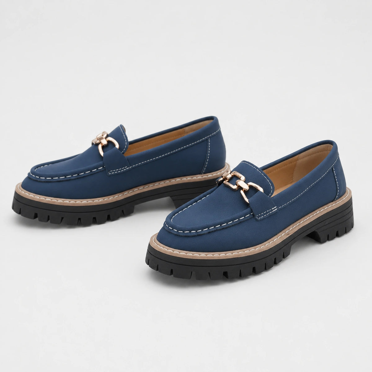 Mocassin en Daim Bleu Marine Chaînette Plateforme pour Femme | Jeanne