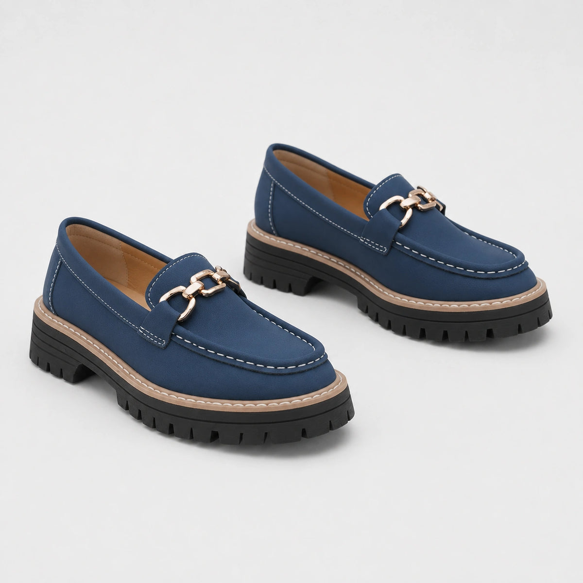 Mocassin en Daim Bleu Marine Chaînette Plateforme pour Femme | Jeanne