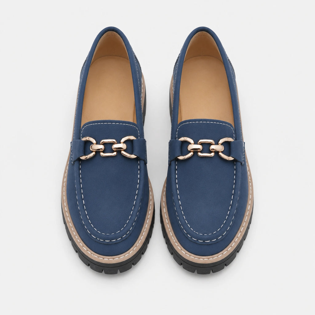 Mocassin en Daim Bleu Marine Chaînette Plateforme pour Femme | Jeanne