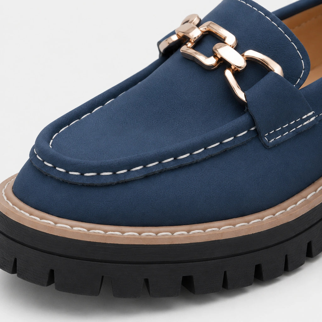 Mocassin en Daim Bleu Marine Chaînette Plateforme pour Femme | Jeanne