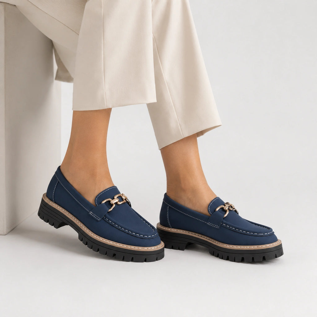 Mocassin en Daim Bleu Marine Chaînette Plateforme pour Femme | Jeanne