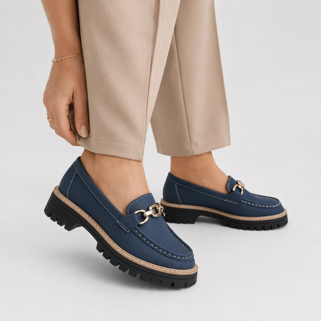 Mocassin en Daim Bleu Marine Chaînette Plateforme pour Femme | Jeanne