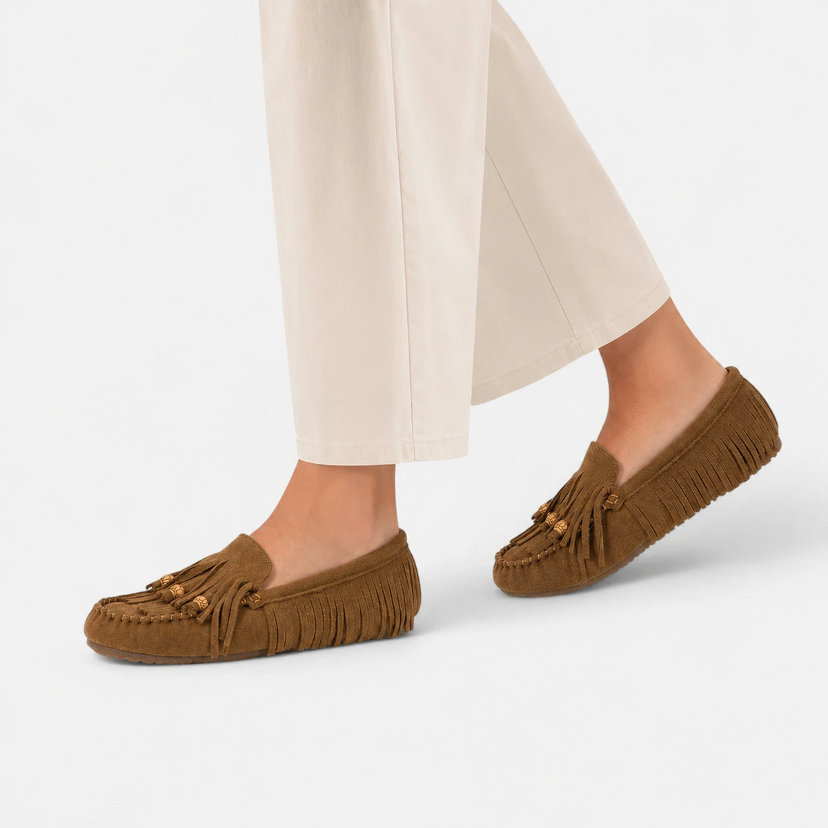 Mocassin Indien en Daim Marron à Frange pour Femme | Lilia