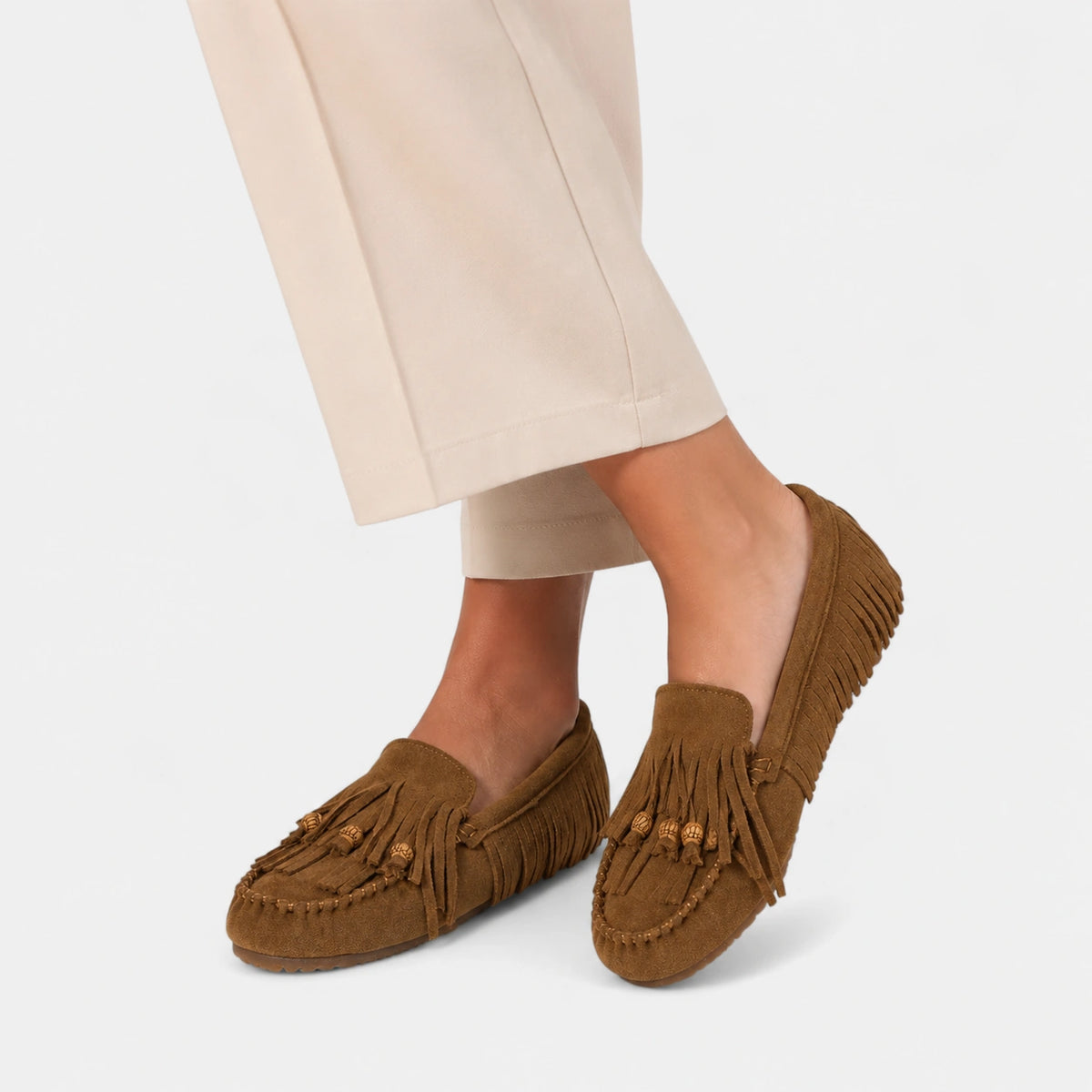 Mocassin Indien en Daim Marron à Frange pour Femme | Lilia
