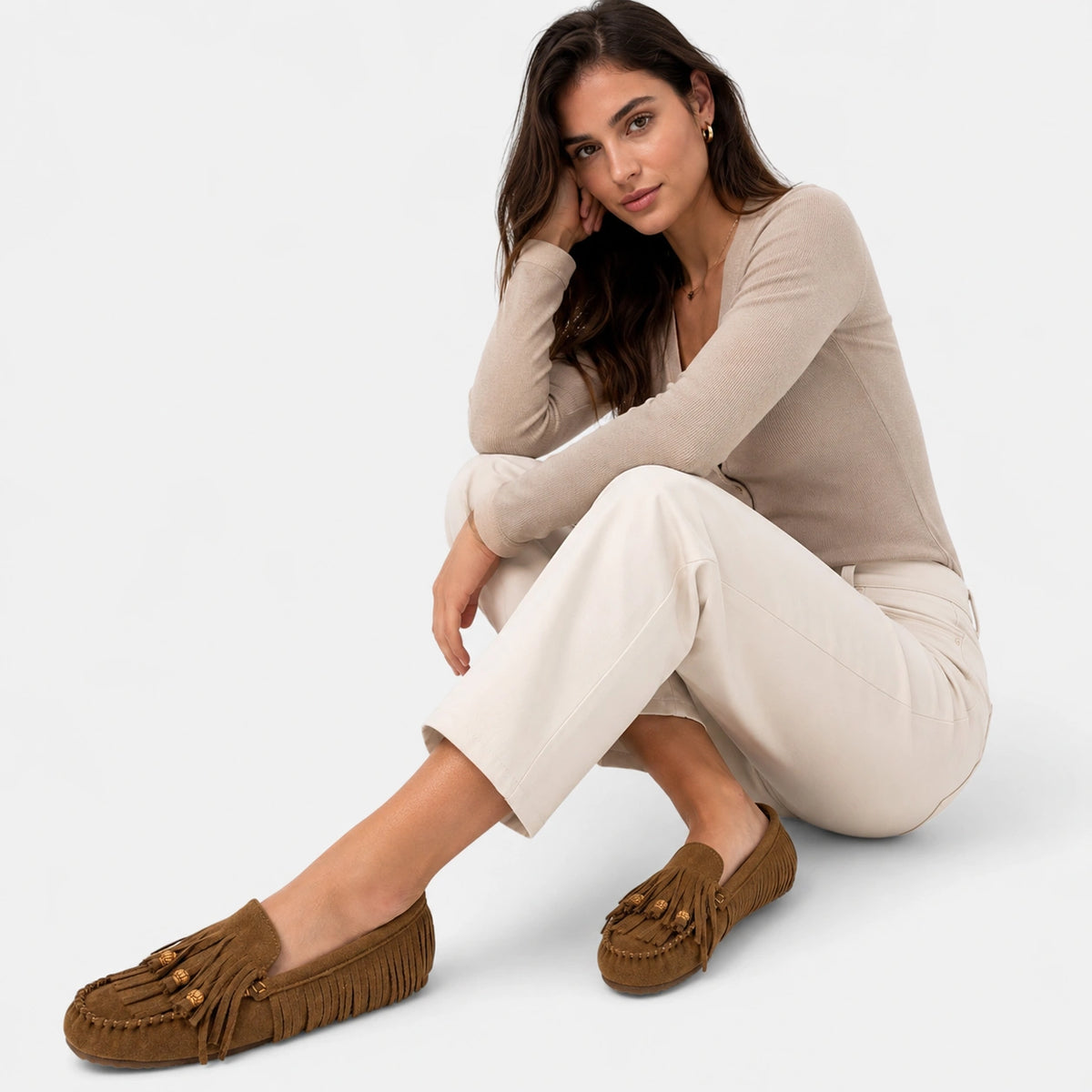 Mocassin Indien en Daim Marron à Frange pour Femme | Lilia