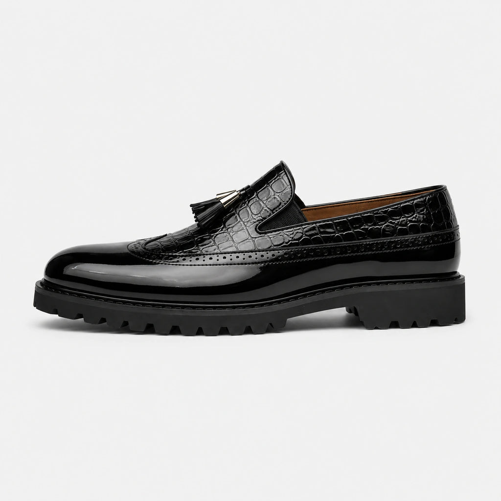 Mocassin en Cuir Noir Vernis à Motifs Compensé pour Homme | Norbert