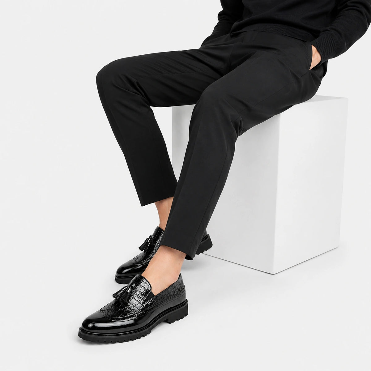 Mocassin en Cuir Noir Vernis à Motifs Compensé pour Homme | Norbert