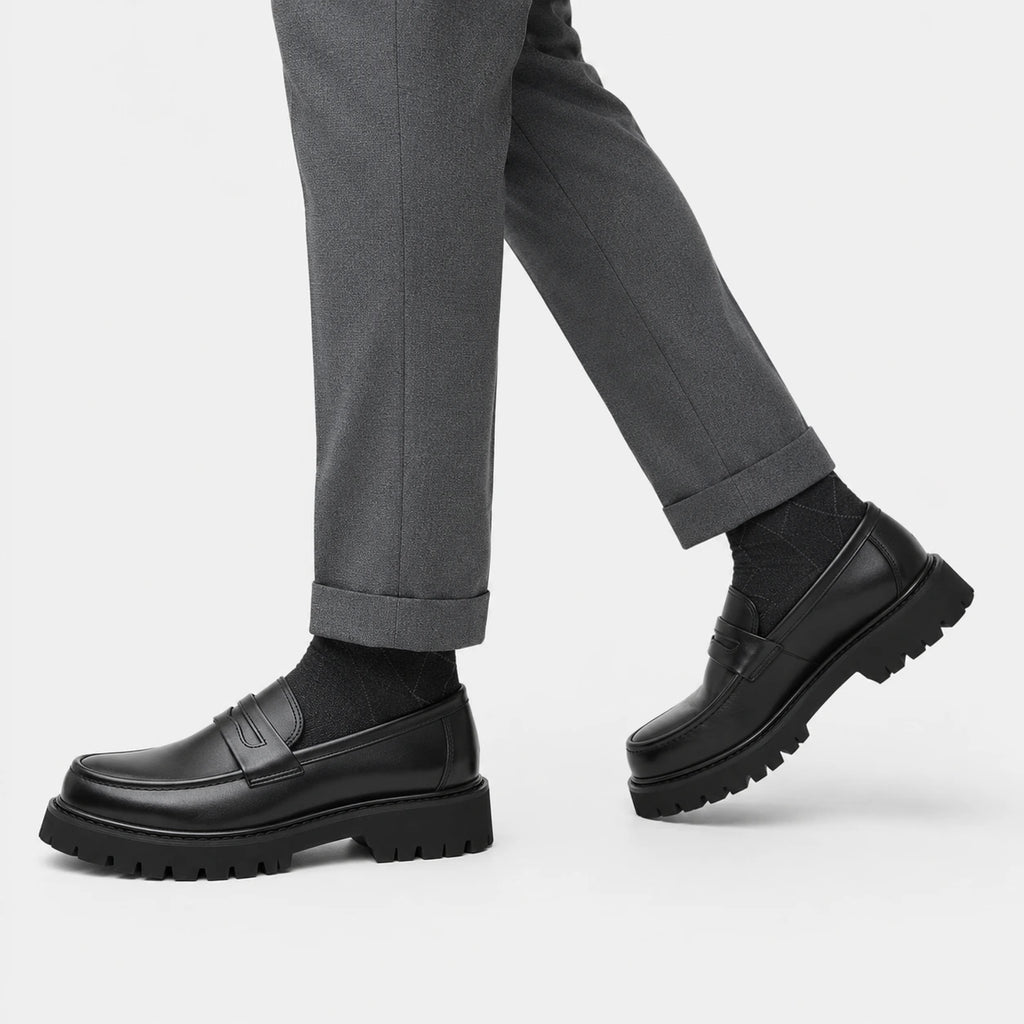 Mocassin Plateforme en Cuir Noir Mat pour Homme | Romain