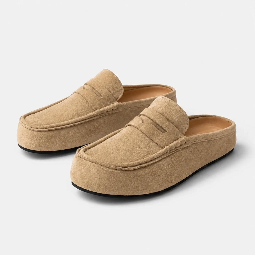 Chausson Mocassin Mule Ouvert en Daim Beige | Sasha