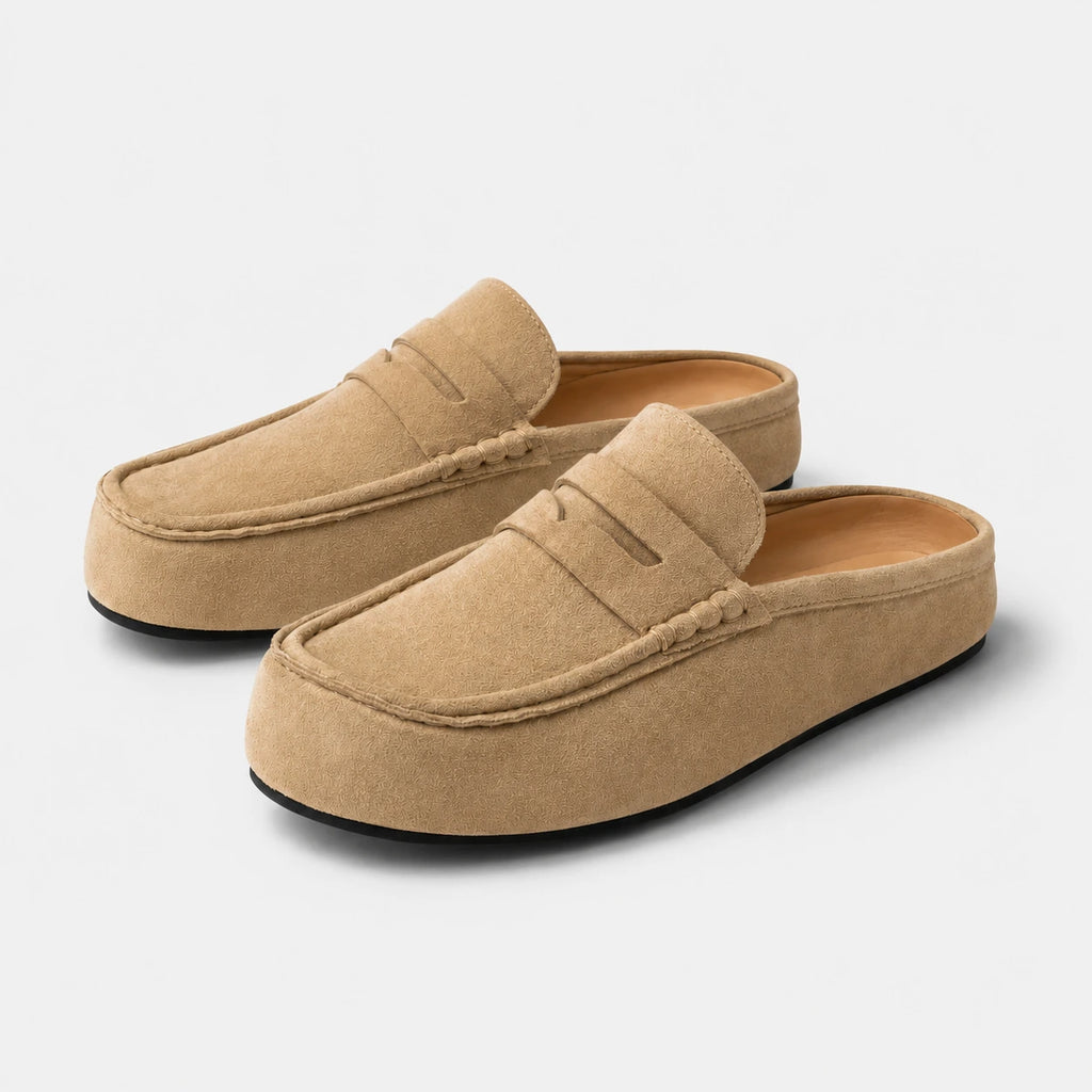 Chausson Mocassin Mule Ouvert en Daim Beige | Sasha