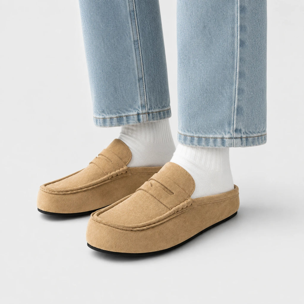 Chausson Mocassin Mule Ouvert en Daim Beige | Sasha