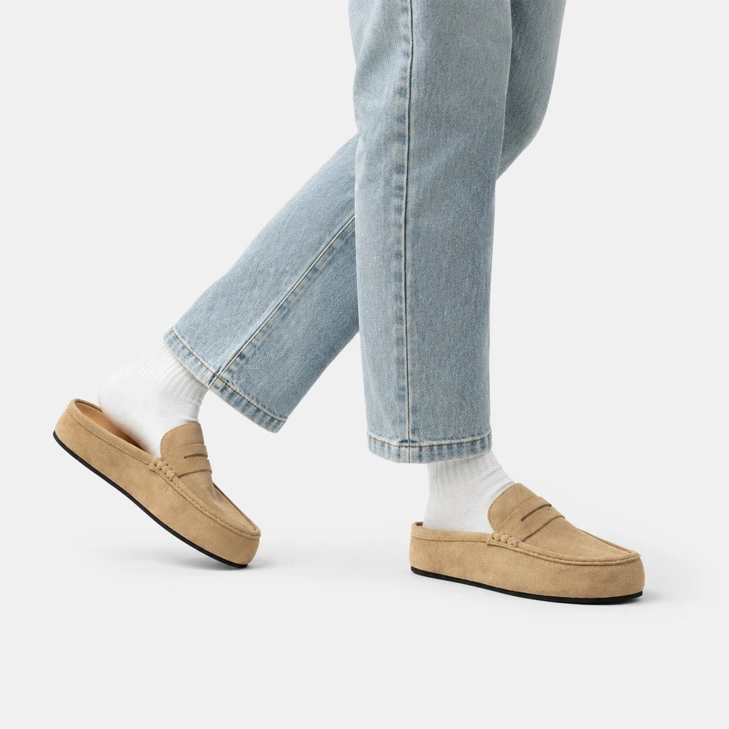 Chausson Mocassin Mule Ouvert en Daim Beige | Sasha