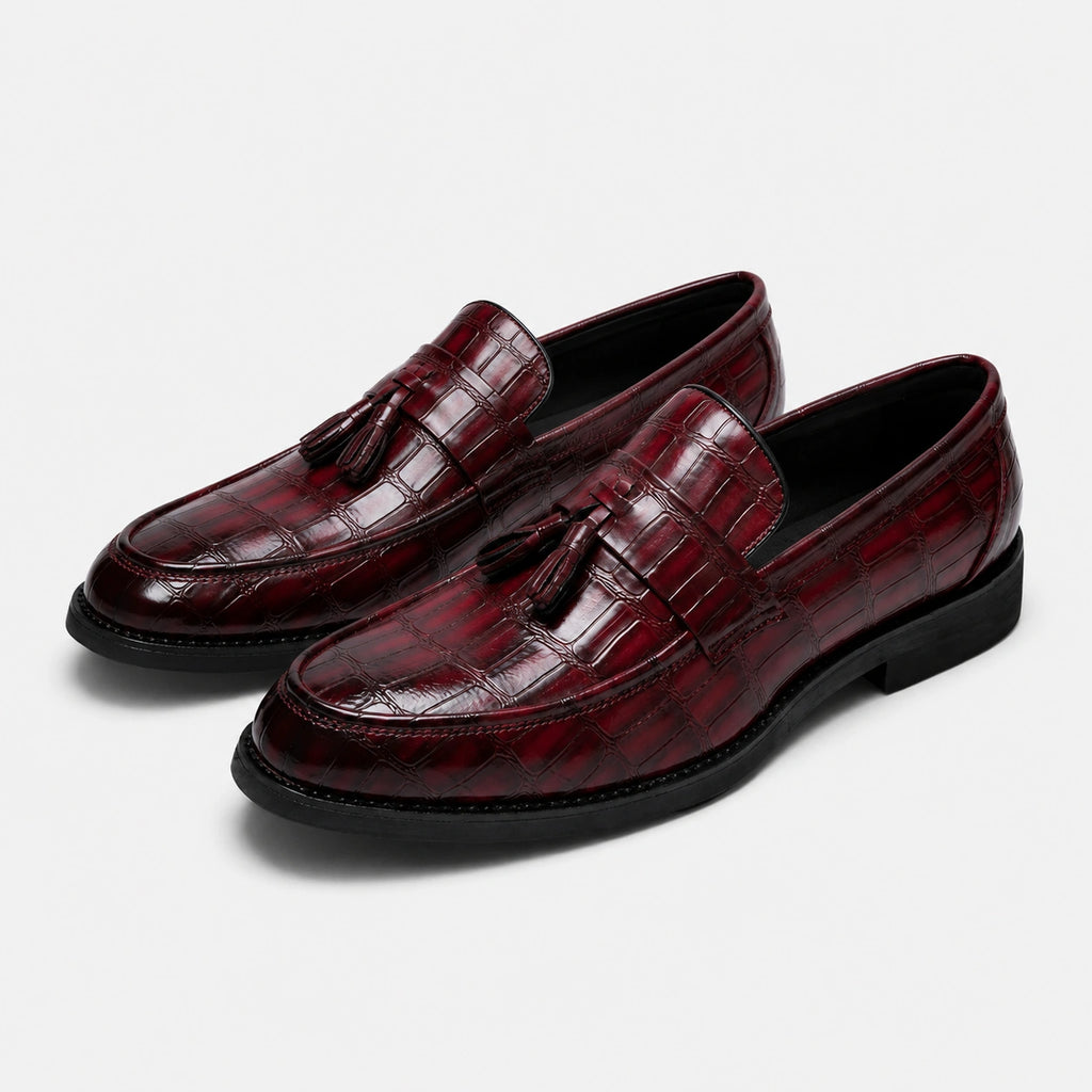Mocassin Habillé Rouge Bordeaux à Glands Cuir Crocodile Homme | Serge