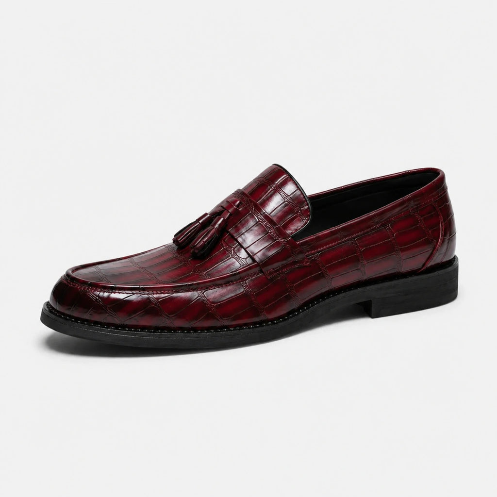 Mocassin Habillé Rouge Bordeaux à Glands Cuir Crocodile Homme | Serge