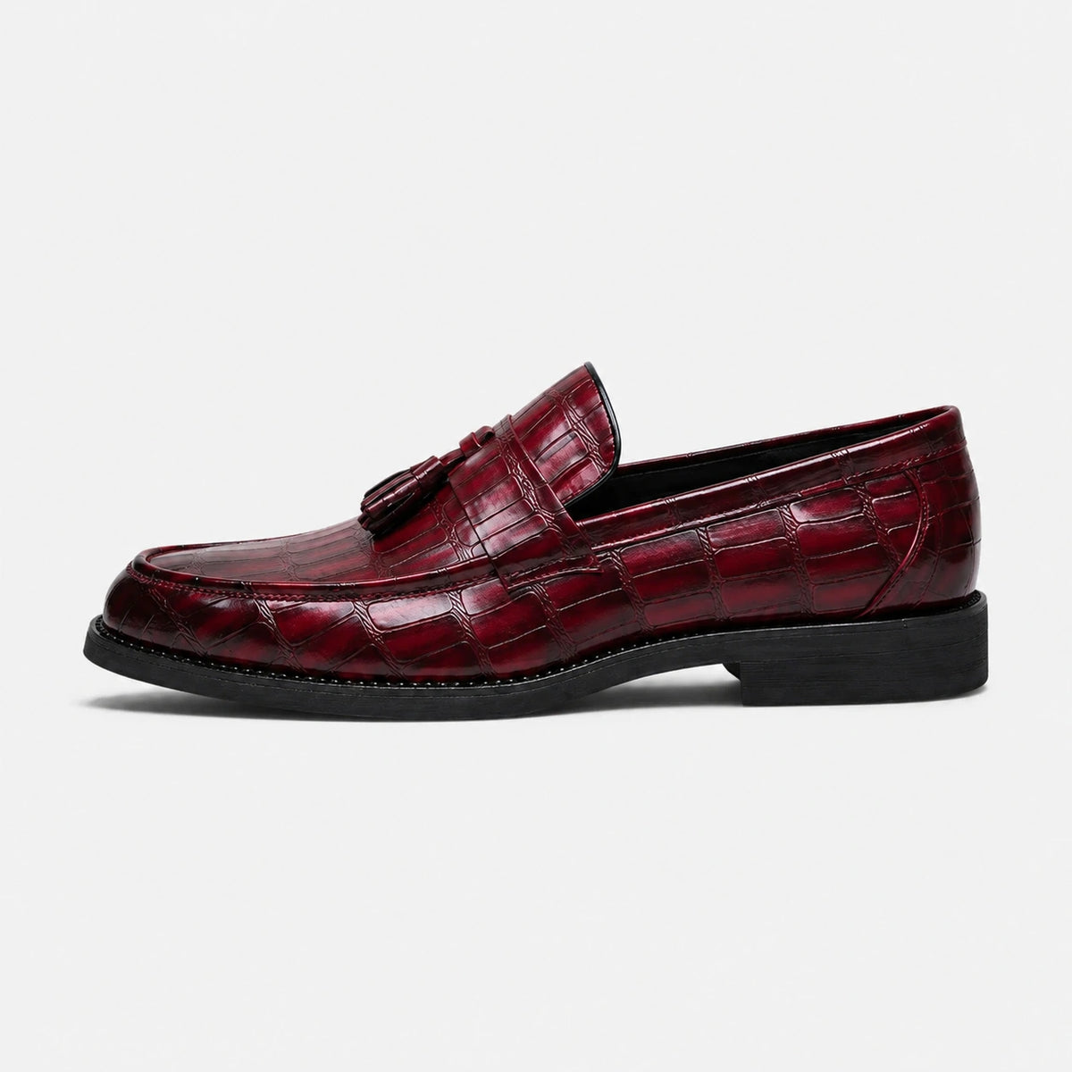Mocassin Habillé Rouge Bordeaux à Glands Cuir Crocodile Homme | Serge