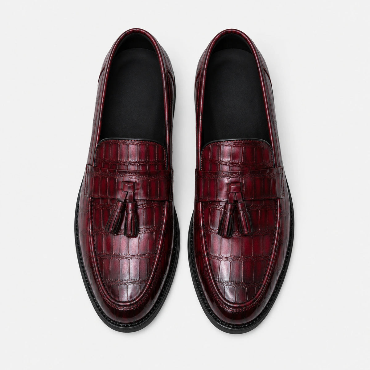 Mocassin Habillé Rouge Bordeaux à Glands Cuir Crocodile Homme | Serge